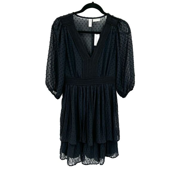 NWT ANTHROPOLOGIE Meadow Rue Black Minetta Crochet Sheer Tiered Dress 4 Petite - Picture 5 of 13